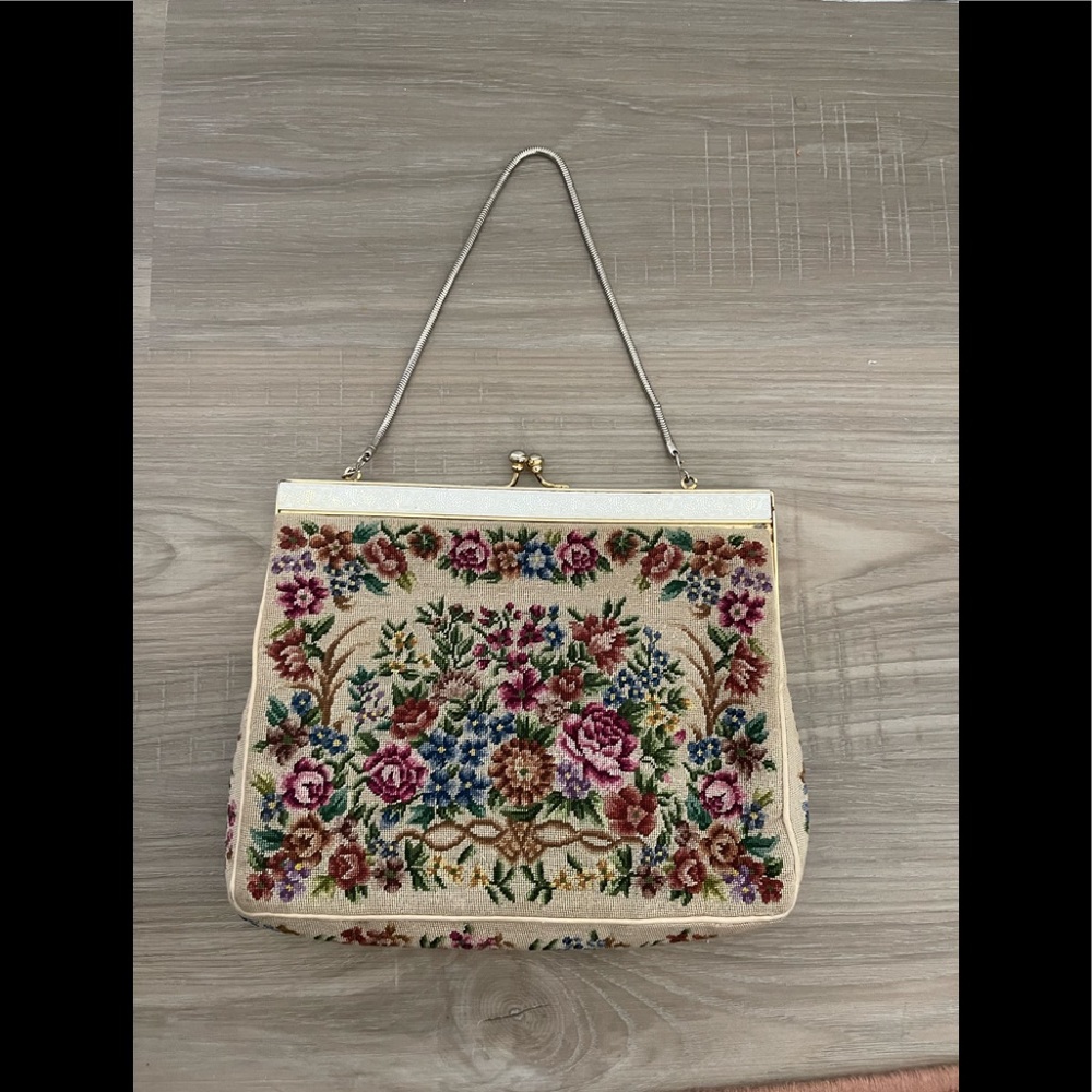 60's Floral Tapestry Purse with Serpentine Handle